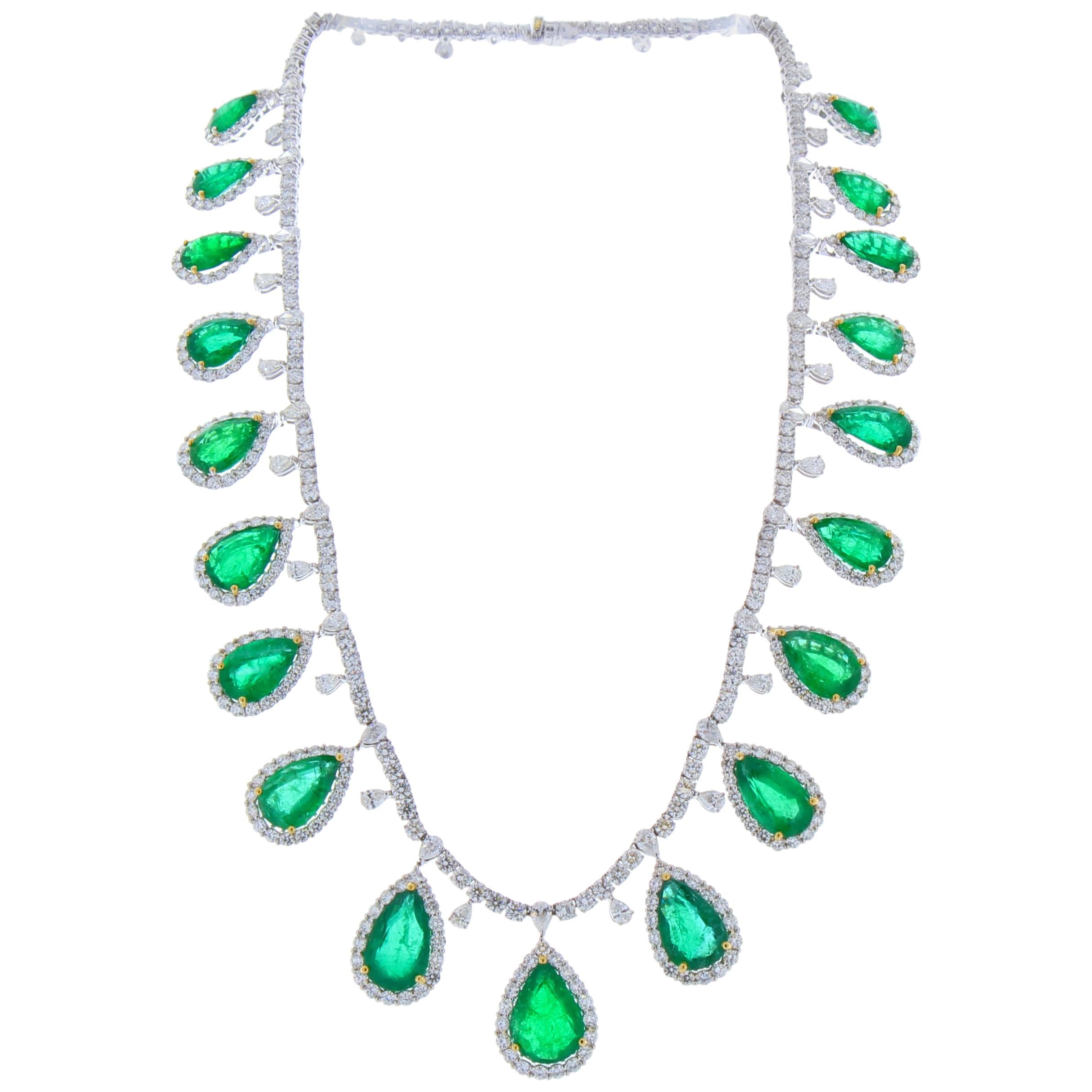 50.34 Carat Total Pear Shaped Emerald and Diamond Necklace in 18 Karat Gold