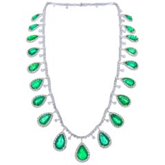 50.34 Carat Total Pear Shaped Emerald and Diamond Necklace in 18 Karat Gold