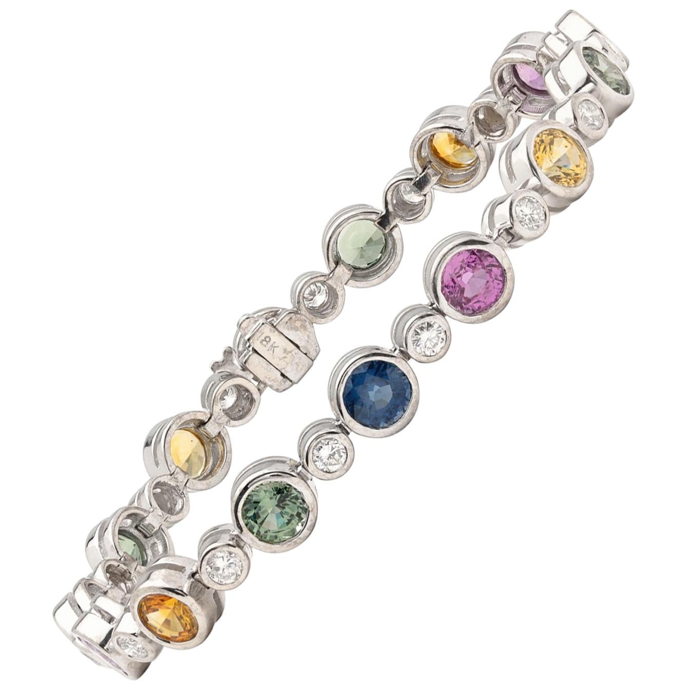 Multi-Color Sapphire and Diamond Link Bracelet