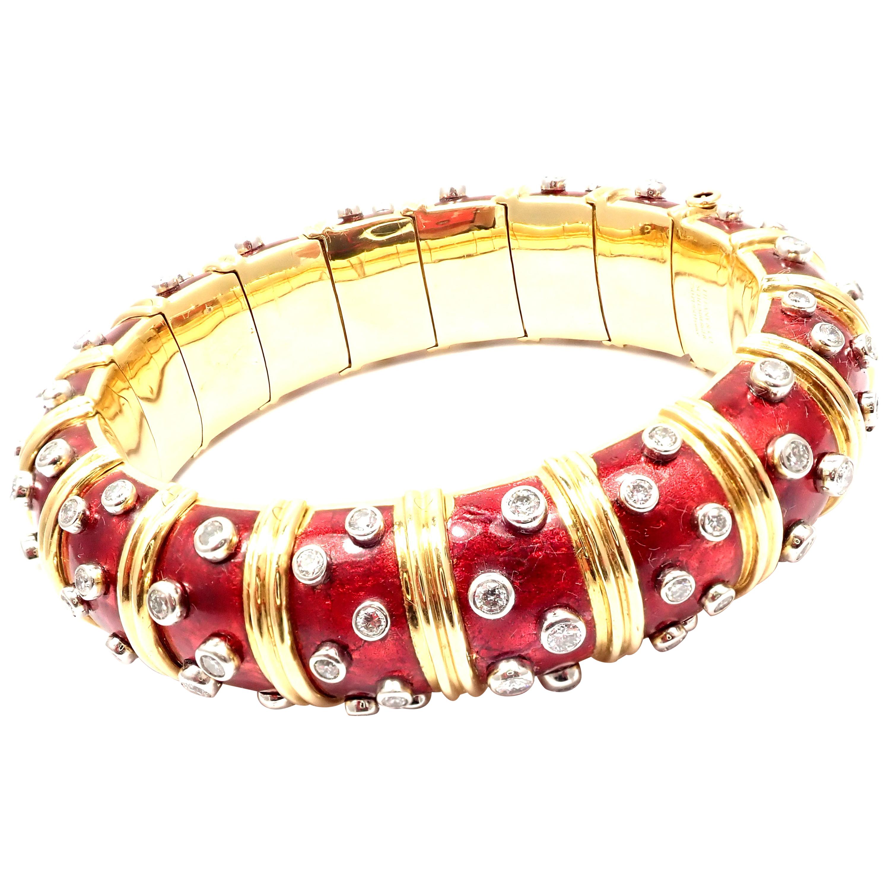 Tiffany & Co. Jean Schlumberger Paillonne Red Enamel Yellow Gold Bangle Bracelet