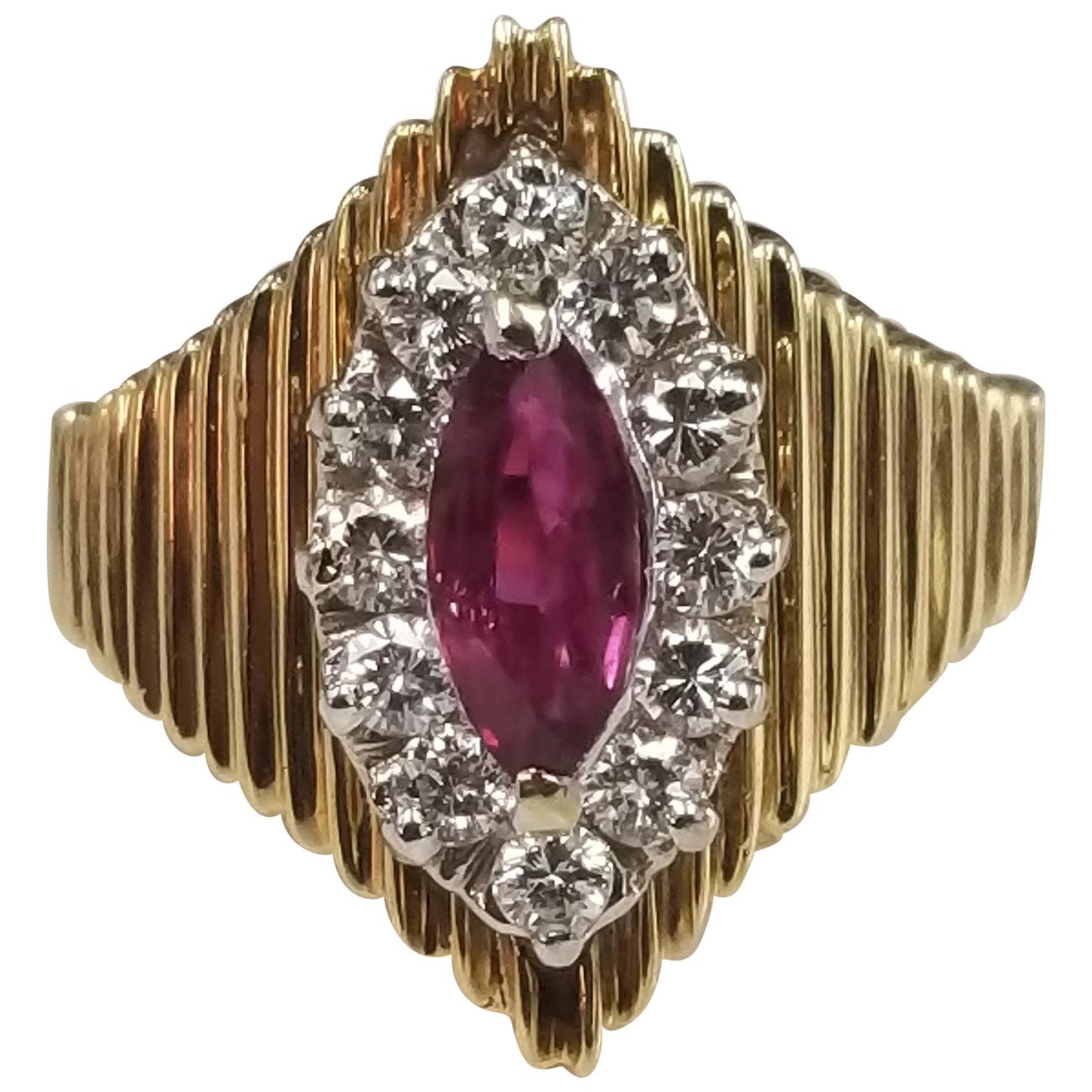 Marquise Cut Ruby and Diamond 14 Karat Ring