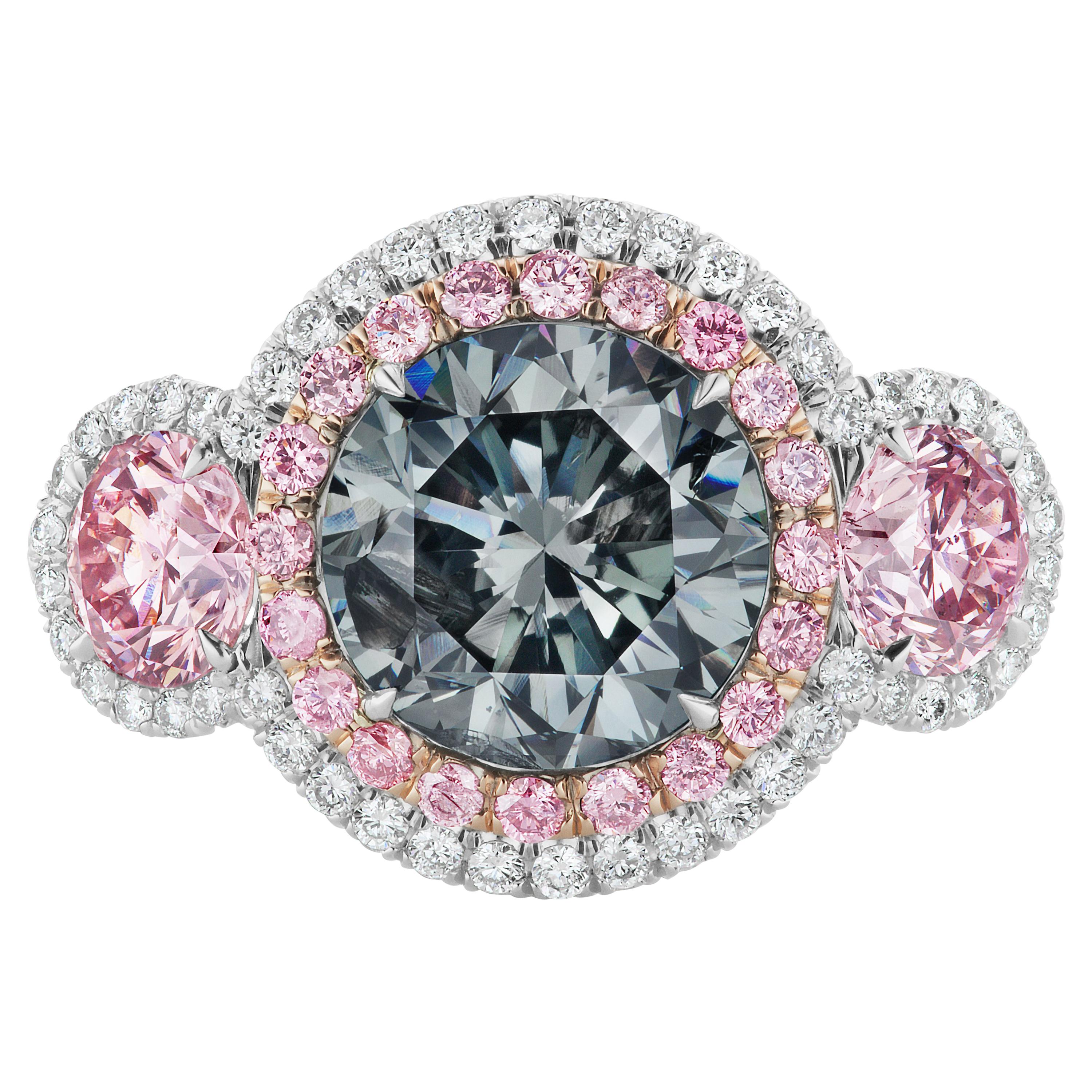 GIA Certified Platinum Fancy Blue-Gray Fancy Intense Purplish Pink Diamond Ring
