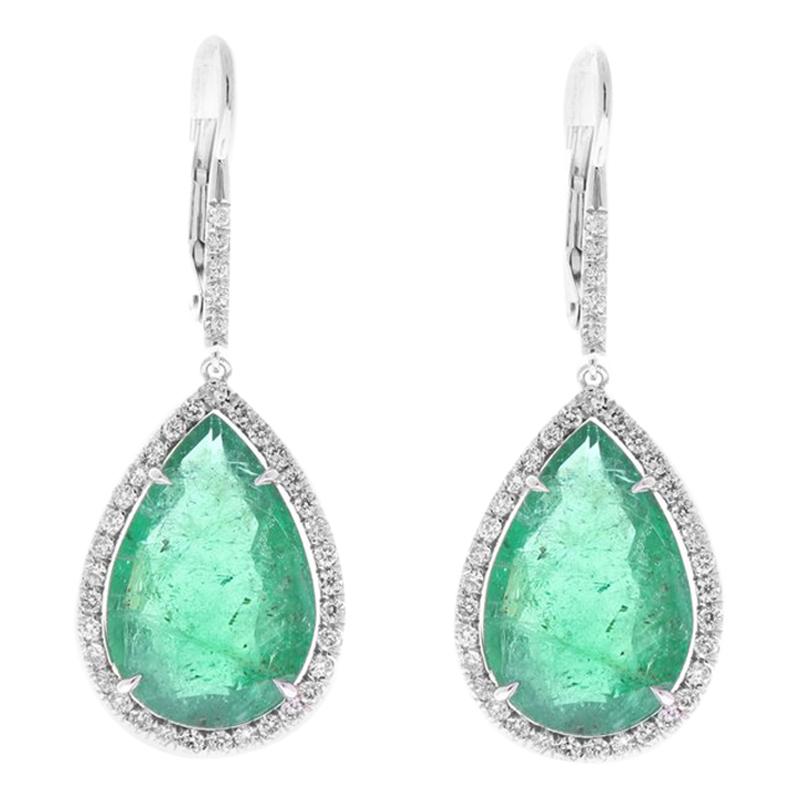 PGS Certified 15.93 Carat Total Pear Shape Emerald and Diamond Gold Earrings