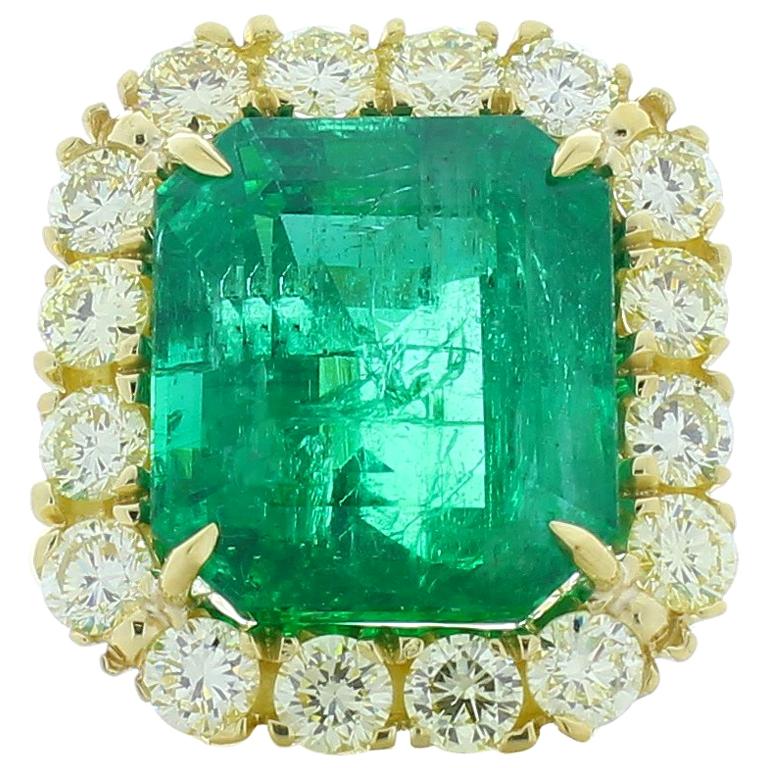 AGL Certified 11.53 Carat Emerald Cut Emerald & Fancy Light Yellow Diamond Ring
