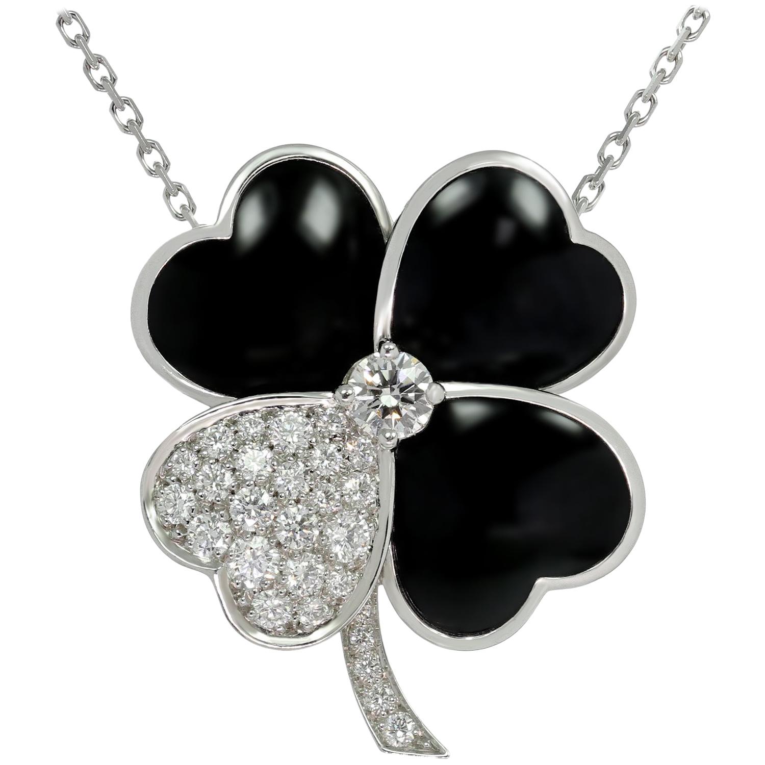 Van Cleef & Arpels Cosmos Large Onyx Diamond White Gold Brooch Pendant Necklace