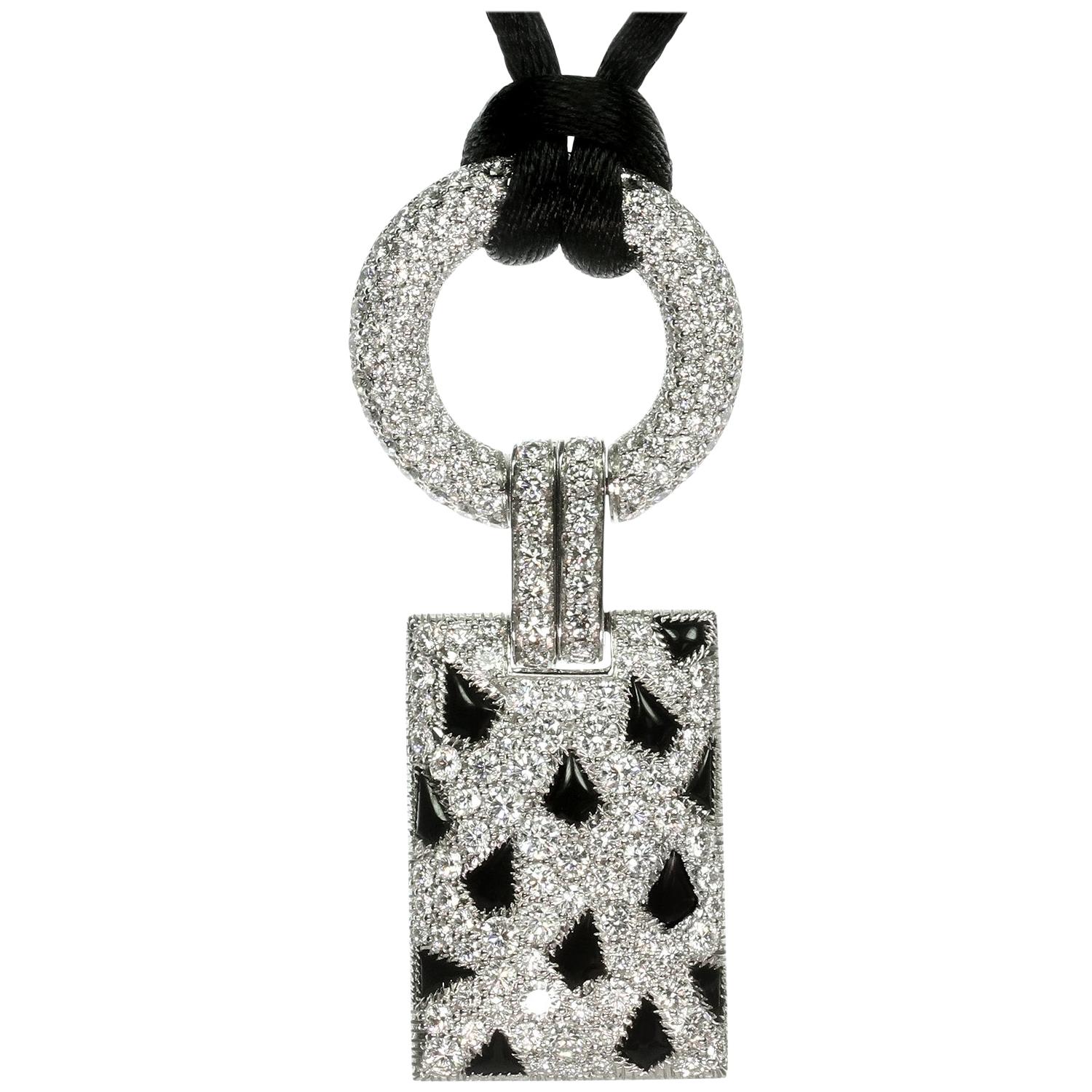 Cartier Panthere Diamond Pave Onyx White Gold Pendant Satin Cord Necklace