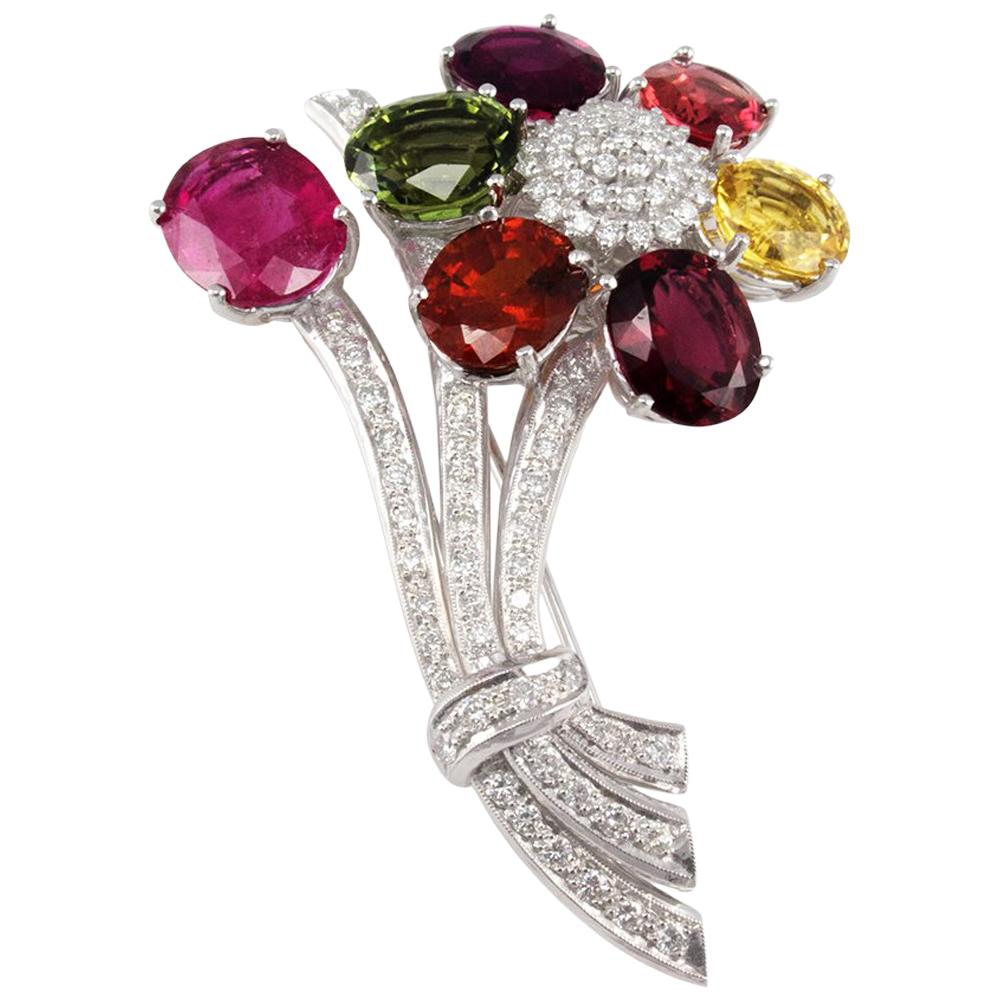70 Carat Total Oval Tourmaline and Diamond Brooch in 18 Karat White Gold