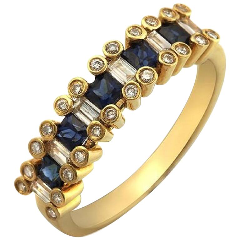 0.92 Blue Sapphire and 0.30 Carat Diamonds in 18 Karat Gold Wedding Ring For Sale