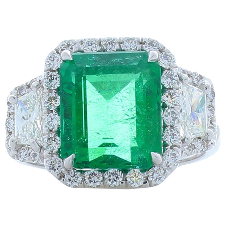 4.11 Carat Emerald Cut Emerald and Diamond Cocktail Ring in 18 Karat White Gold