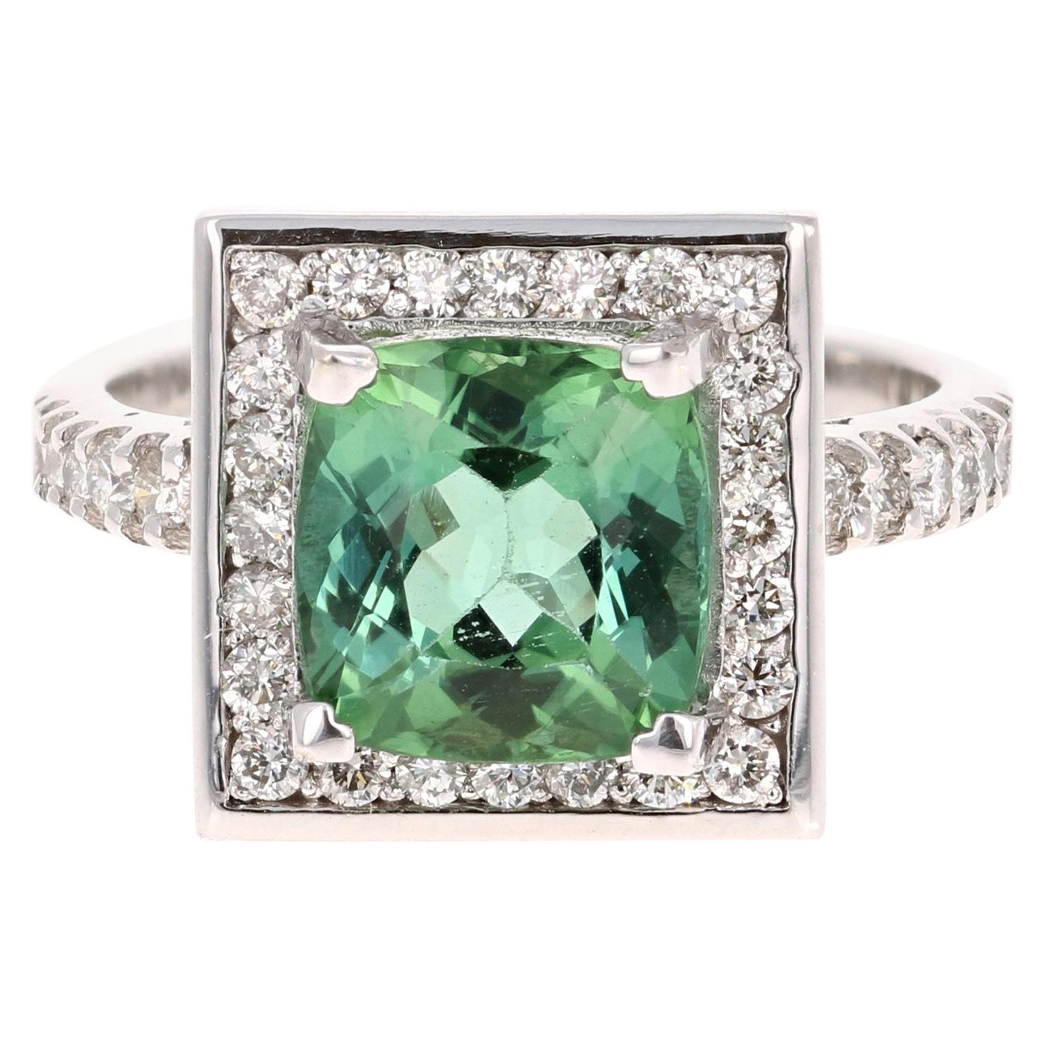 3.81 Carat Green Tourmaline Diamond 14 Karat White Gold Cocktail Ring