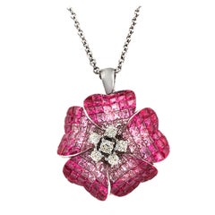14k Gold 0.37 Ct Diamonds 18.20 Ct Invisible Set Pink Sapphire Flower Necklace