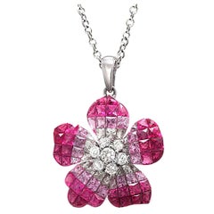 0.32 Ct Diamonds 7.90 Ct Invisible Set Pink Sapphire 14k Gold Flower Necklace