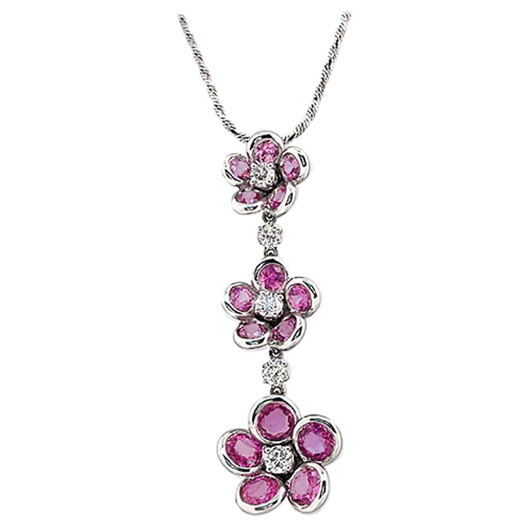 0.63 Carat Diamonds 5.68 Carat Pink Sapphire 14 Karat White Gold Flower Necklace For Sale