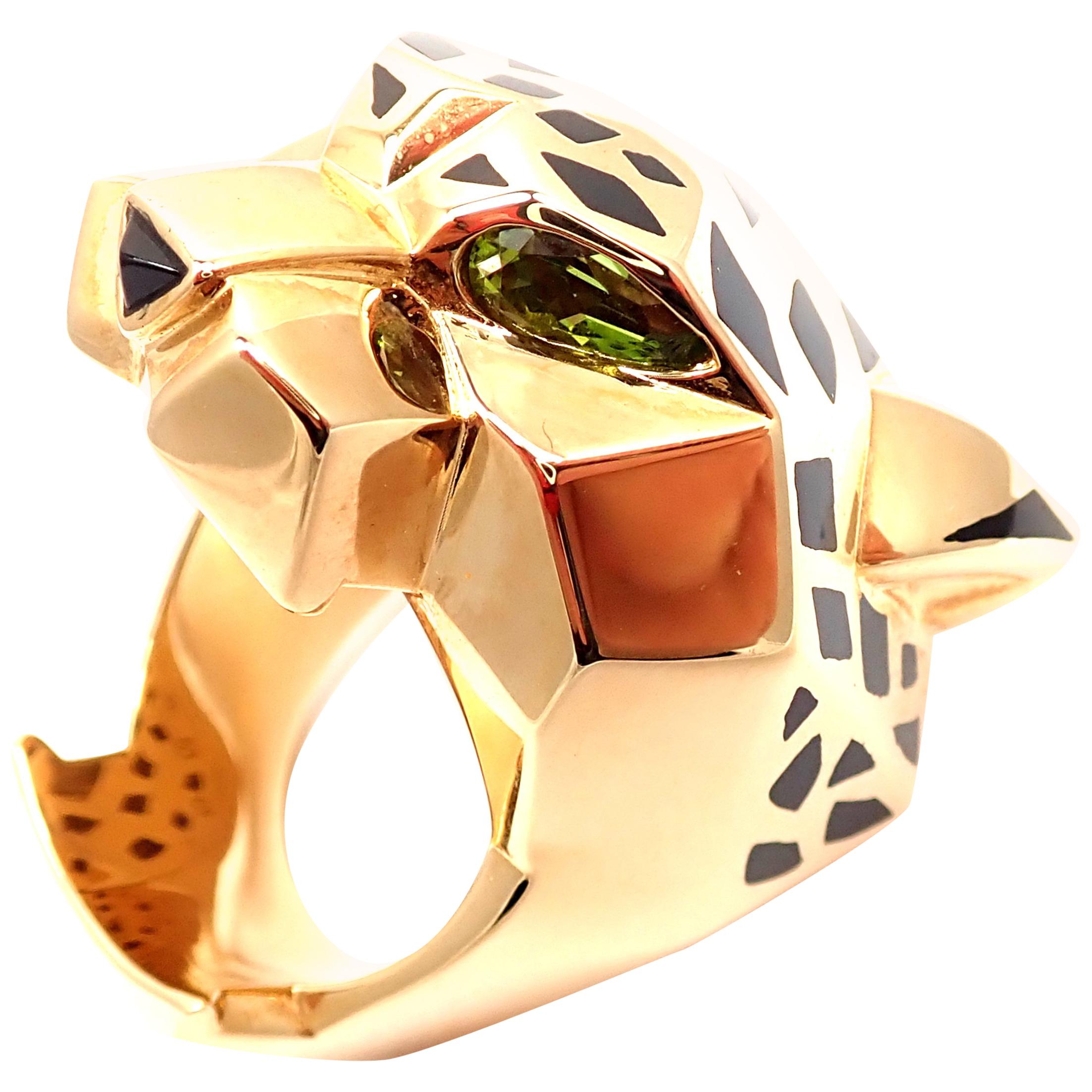 Cartier Panther Panthere Peridot Onyx Lacquer Yellow Gold Large Ring