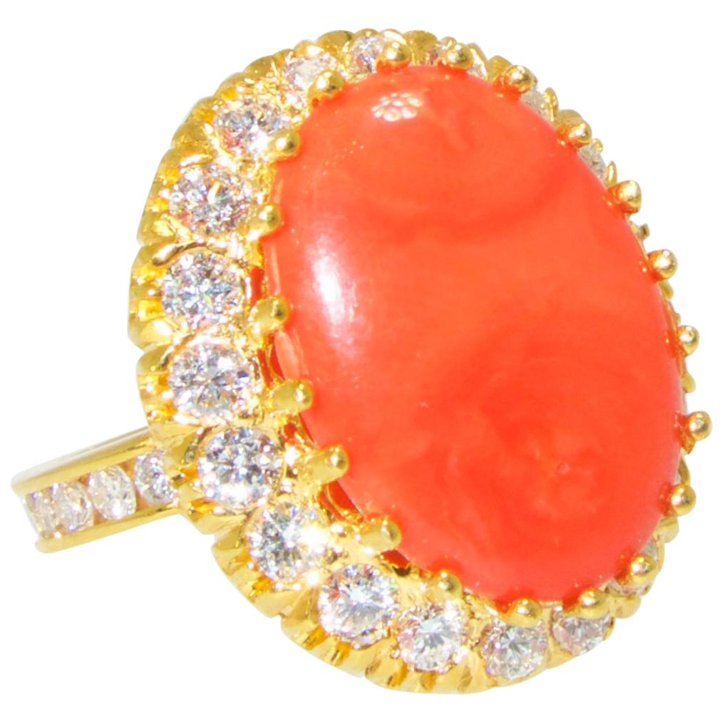 Red Coral and Diamond Ring