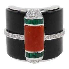 Onyx Diamond Coral Emerald Gold Ring