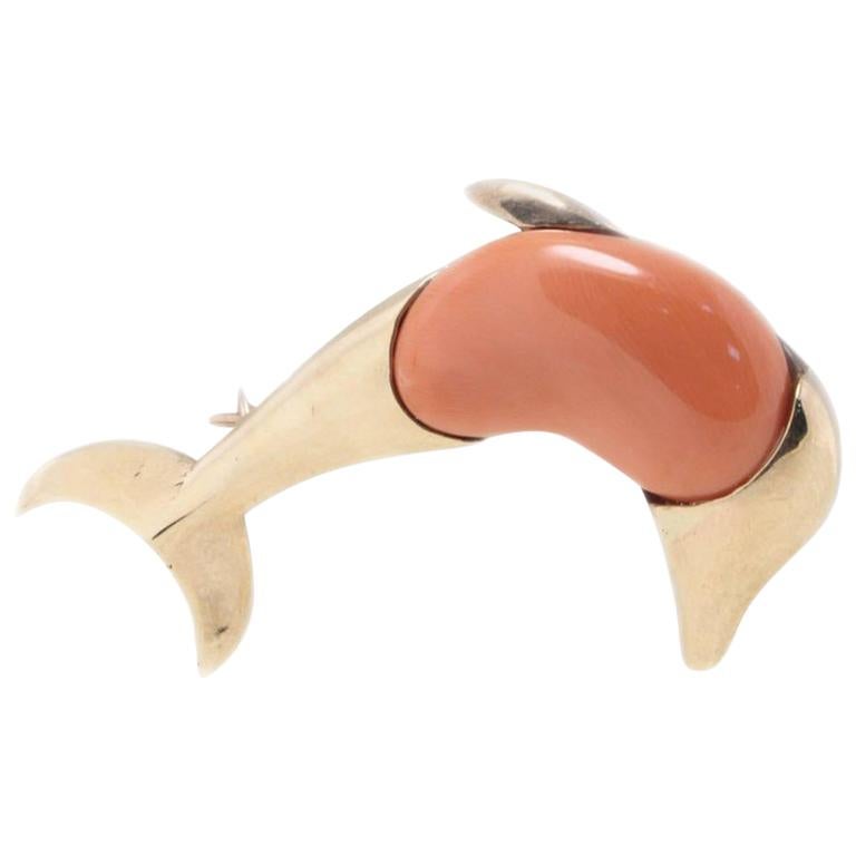 Red Coral, Dolphin Shape in Rose Gold Brooch and Pendant Necklace  For Sale