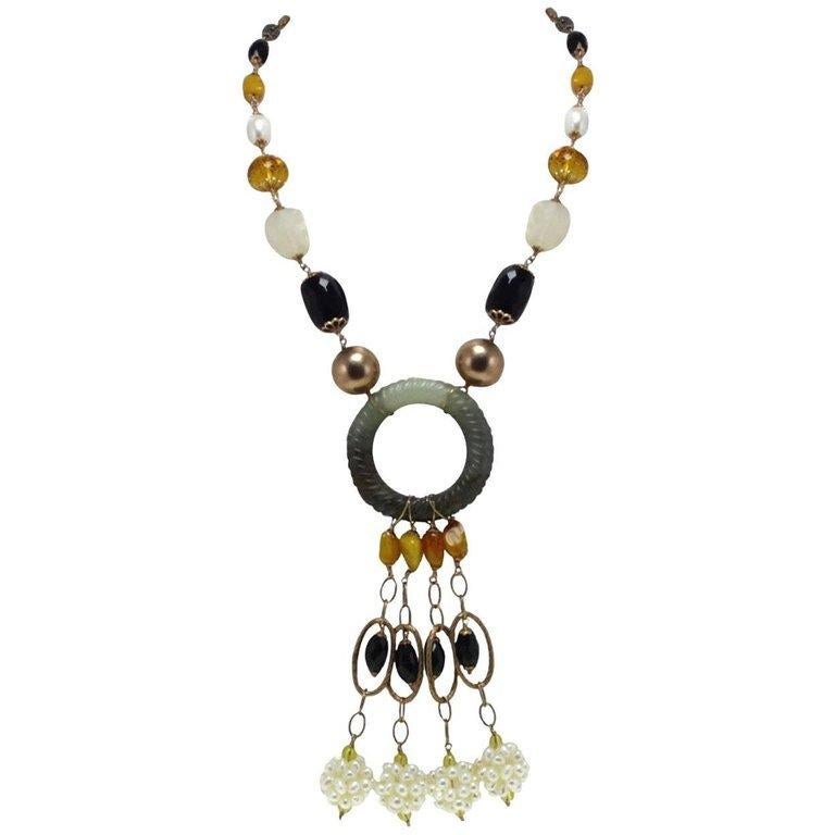 Gold Silver Stone Pearl Necklace For Sale