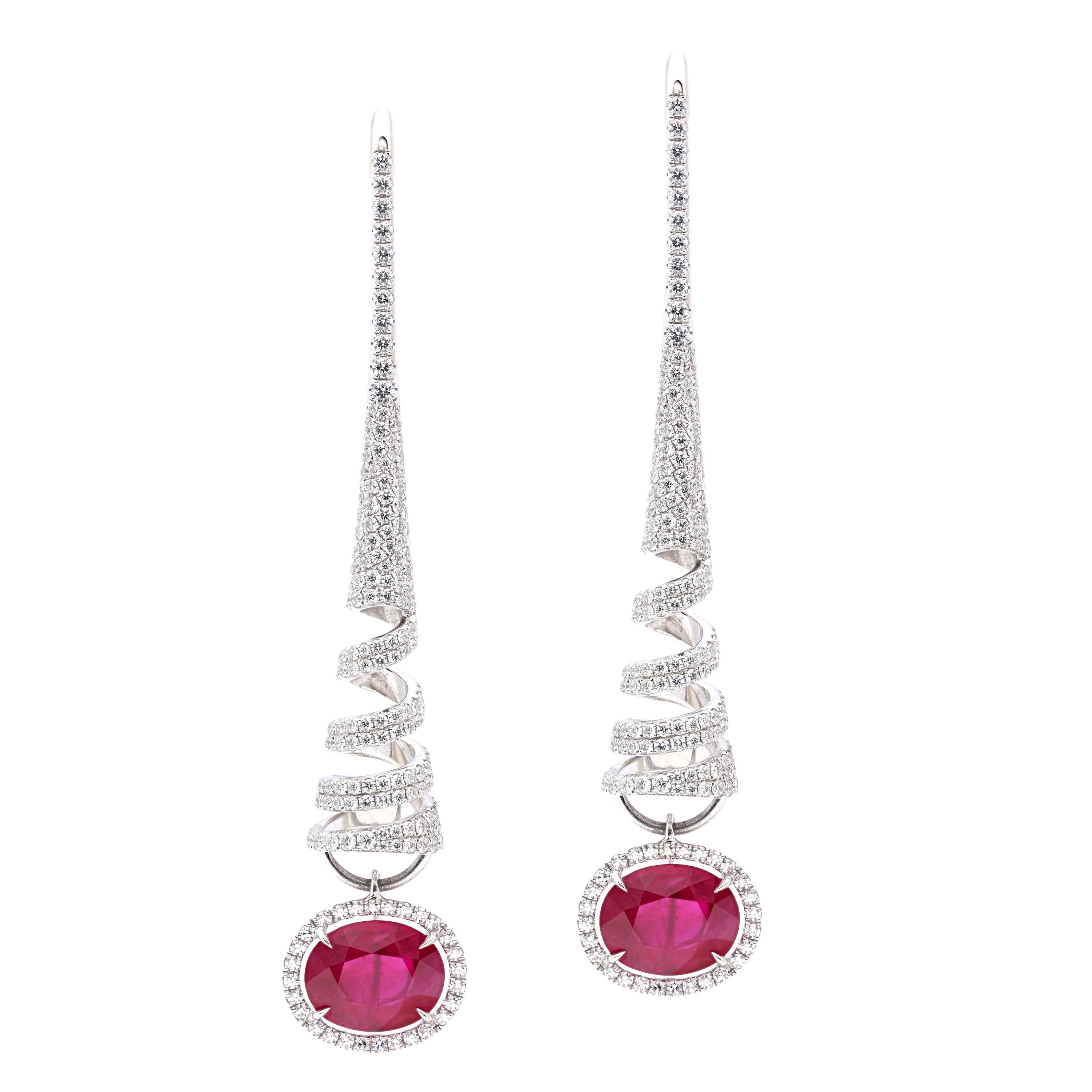 18 Karat White Gold Certified Burmese Ruby White Diamond Spiral Drop Earrings For Sale
