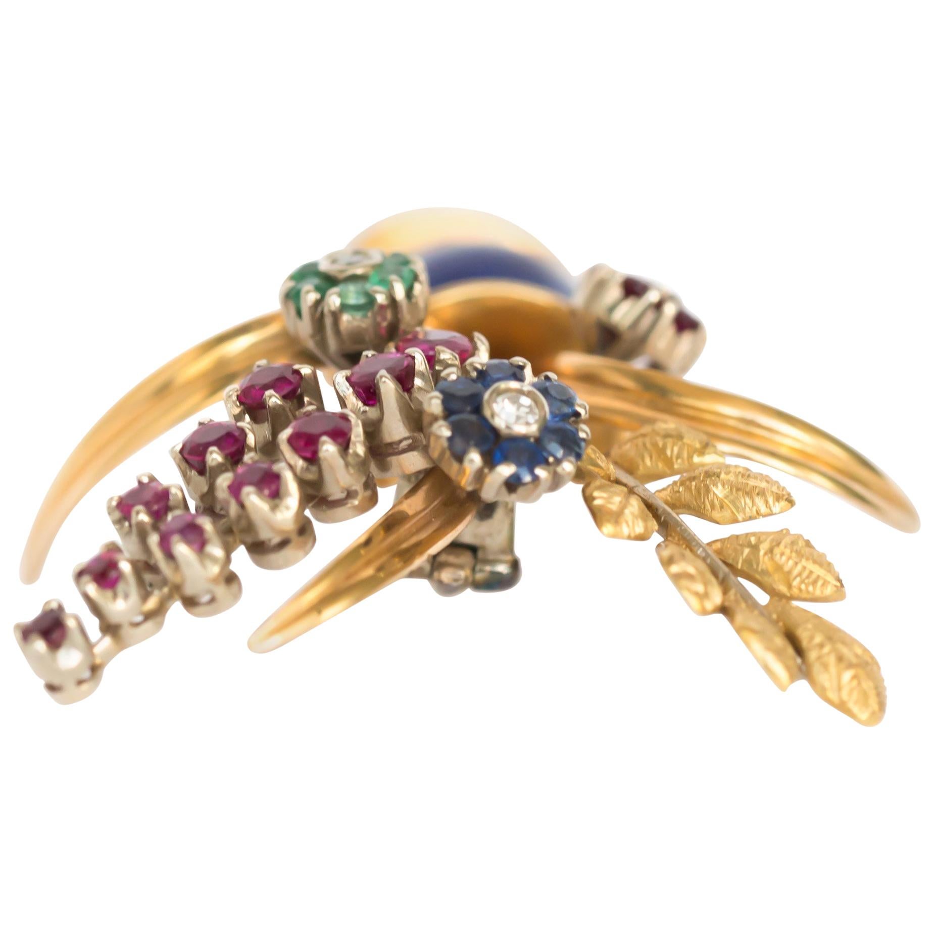 Sapphire, Ruby, Emerald Yellow Gold Brooch For Sale