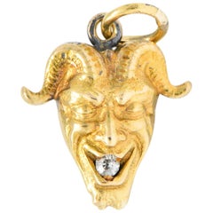 Late Victorian Mine Cut Diamond 14 Karat Gold Devil Charm