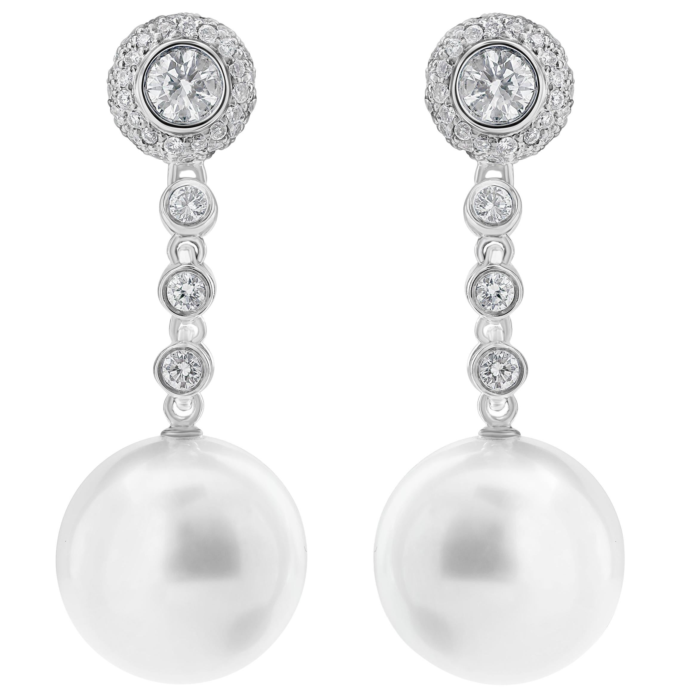 Roman Malakov 0.69 Carats Round Brilliant Diamond And White Pearl Drop Earrings