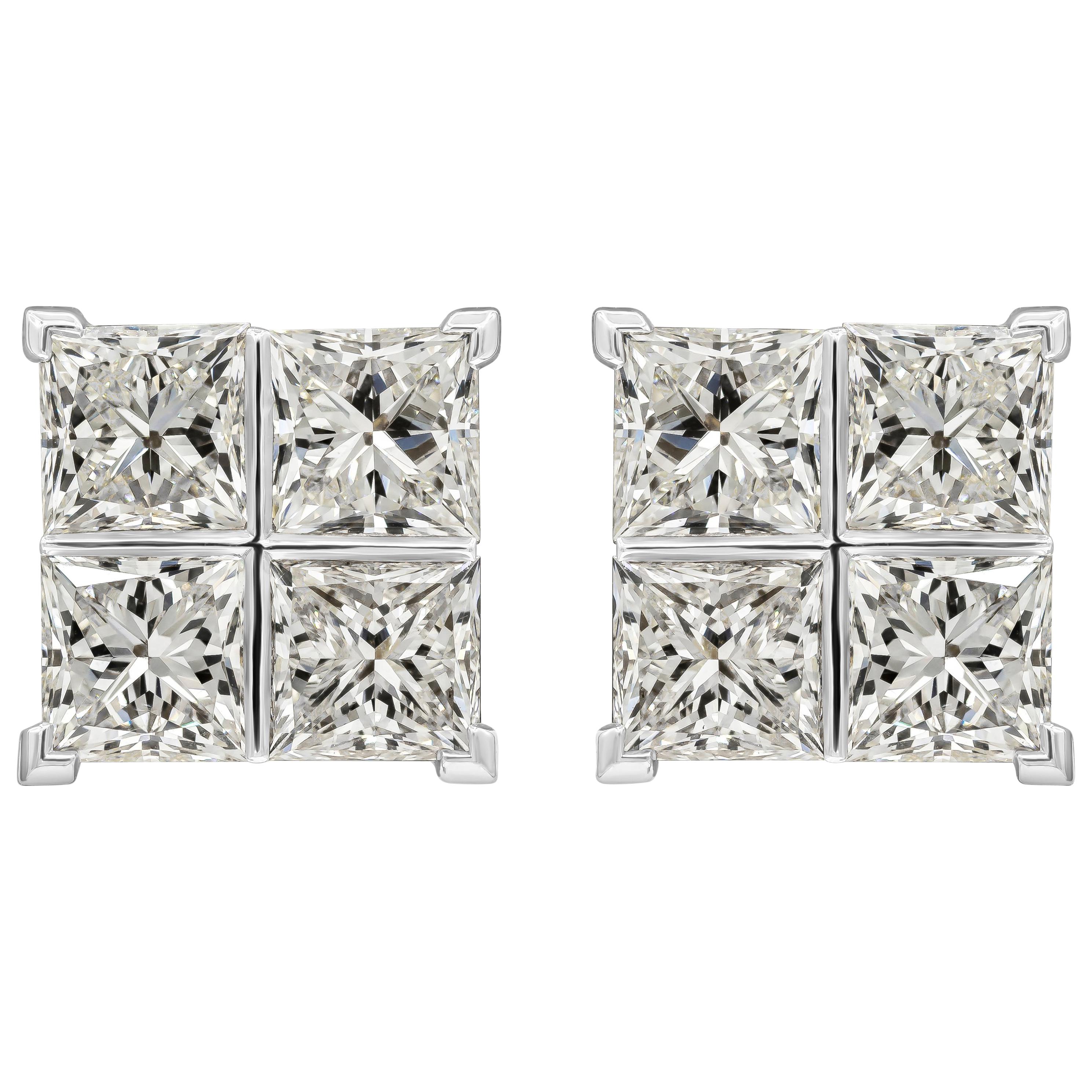 Roman Malakov 8.17 Carats Total Princess Cut Diamond Cluster Stud Earrings