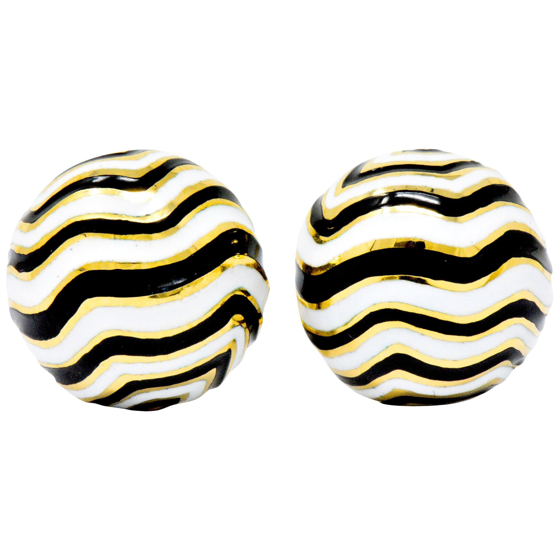 David Webb 18 Karat Gold Black White Enamel Zebra Kingdom Collection Ear Clips