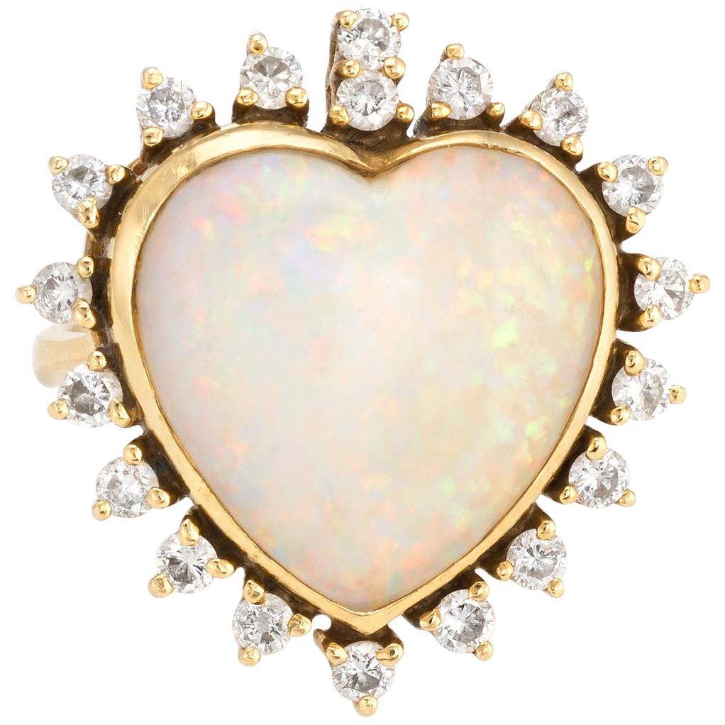 Vintage Opal Heart Diamond Ring 18 Karat Gold Natural Gem Estate Fine Jewelry