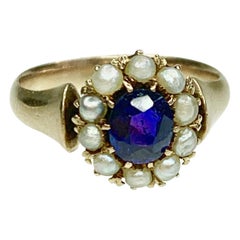 Antique GEMOLITHOS Color Change Sapphire and Natural Pearl Ring, 12 Karat