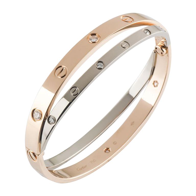 Cartier Rose and White Gold Diamond Double Love Bracelet at 1stdibs