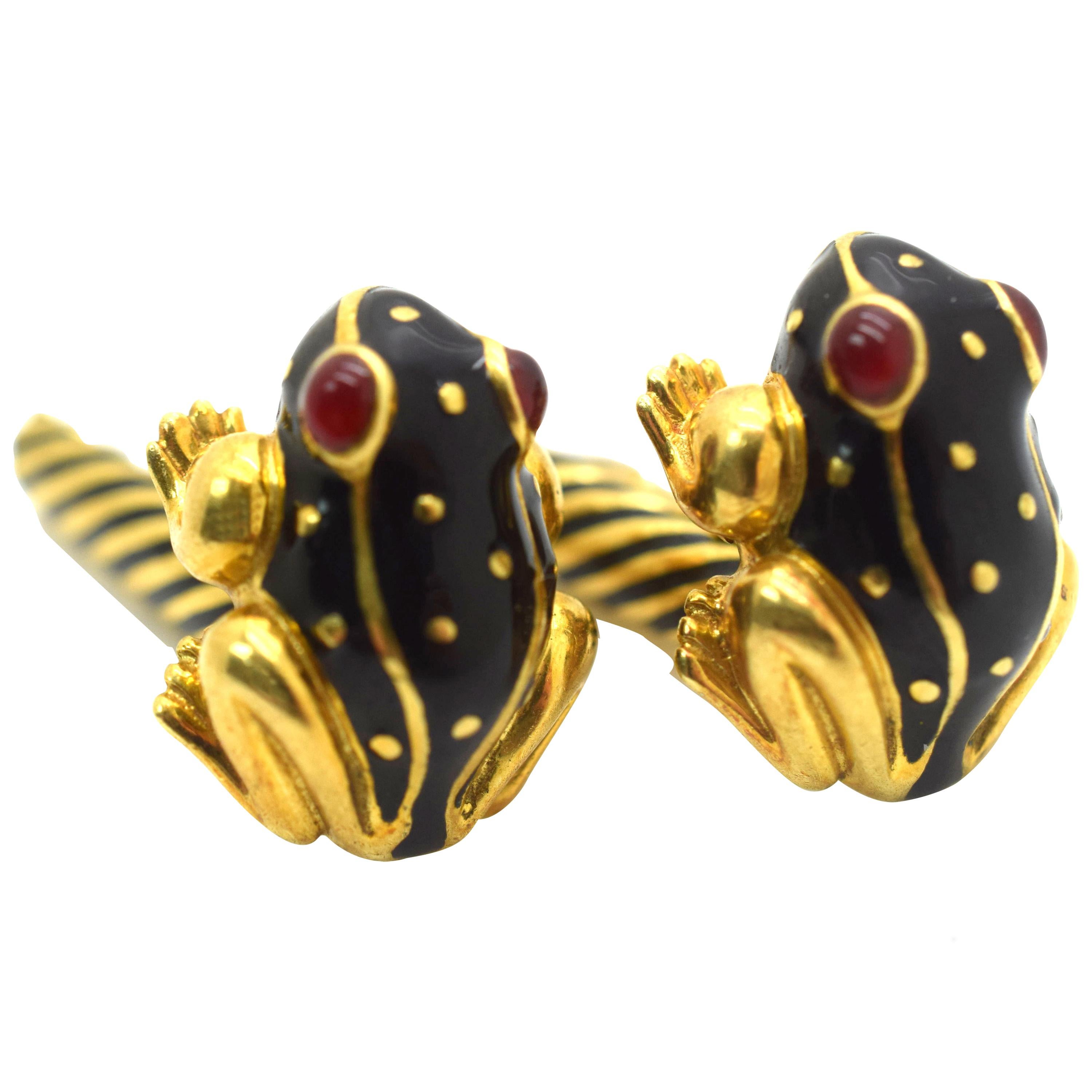 David Webb Frog Enamel Black Cufflinks 18 Karat Yellow Gold