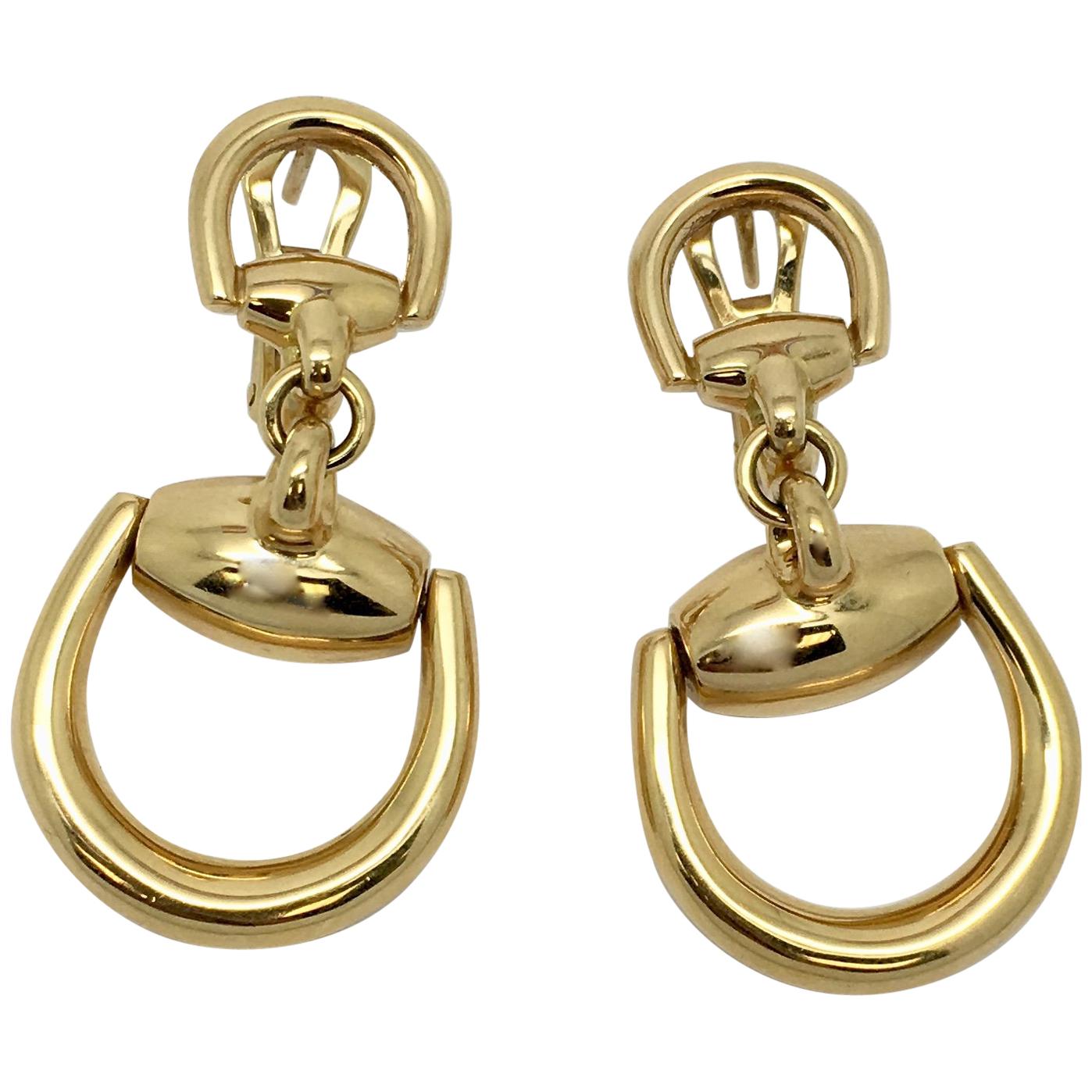 Gucci Horsebit 18 Karat Yellow Gold Drop Dangle Earrings For Sale