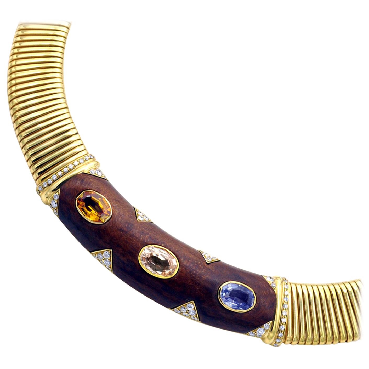 Sapphire Diamond and Wood 18 Karat Gold Tubogas Choker Necklace