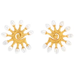 Ilias Lalaounis Pearl Earrings Vintage 18 Karat Gold Byzantine Estate Jewelry