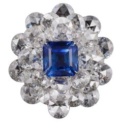 AGL Certified 13.19 Carat Blue Sapphire Kashmir and White Rose Cut Diamond Ring