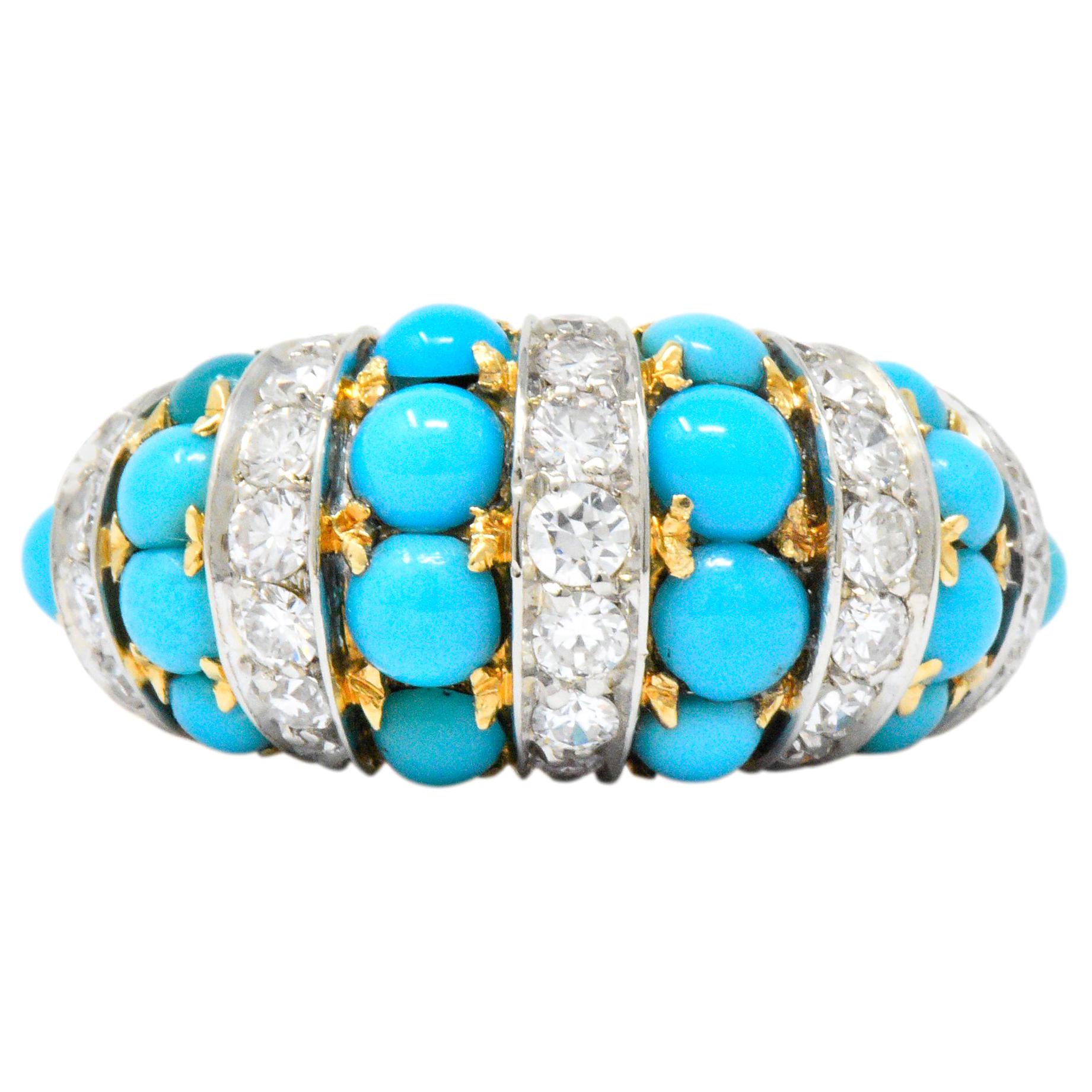 Tiffany & Co. Retro French Diamond Turquoise 18 Karat Gold Ring
