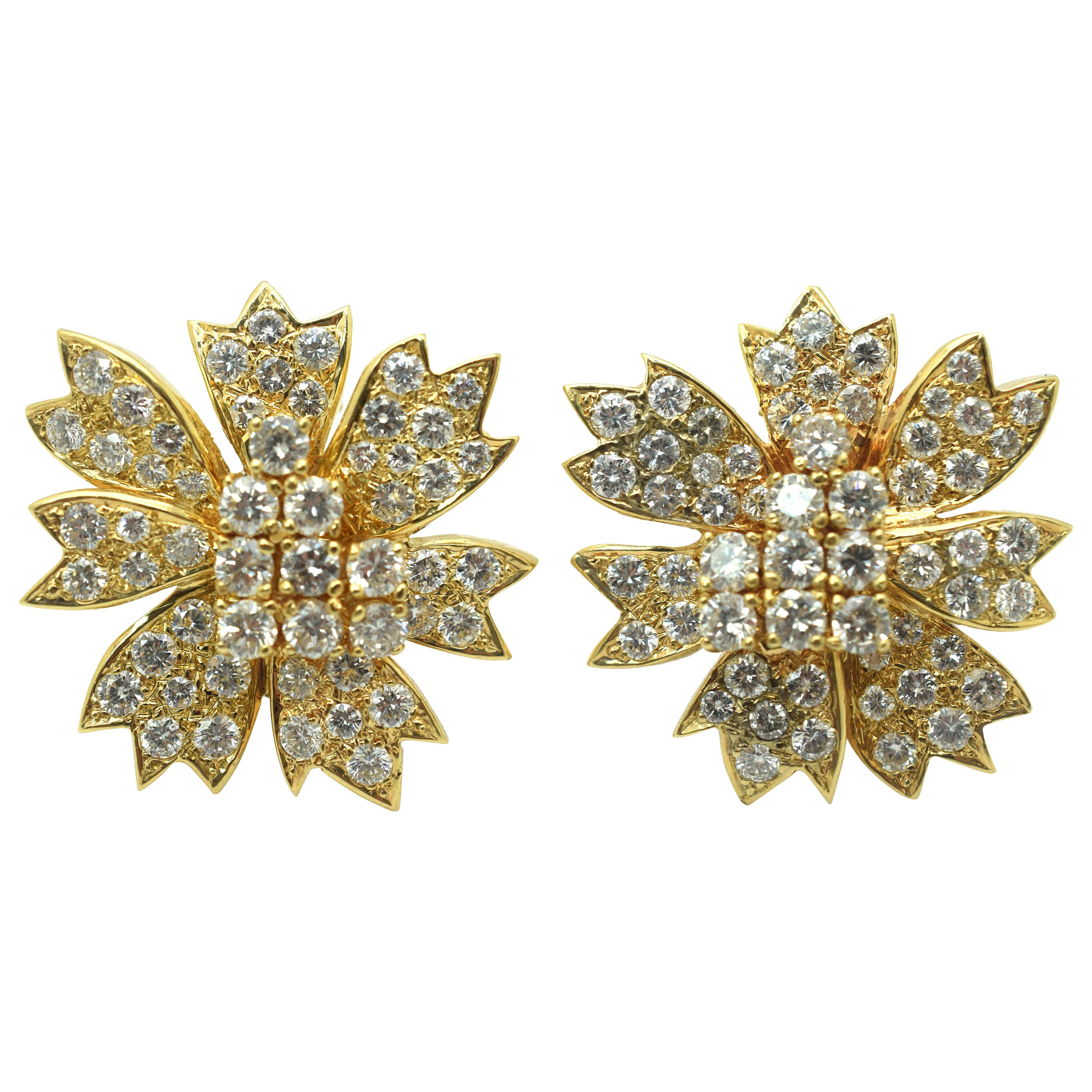 Diamond Earrings 10.20 Carat Vintage Clip on Floral Design 18 Karat Yellow Gold