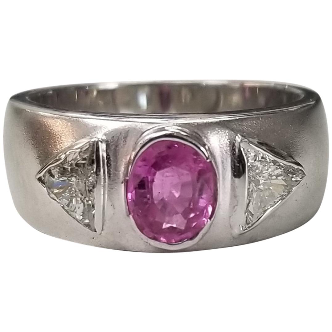 Pink Sapphire and Trillion Cut Diamond Ring For Sale