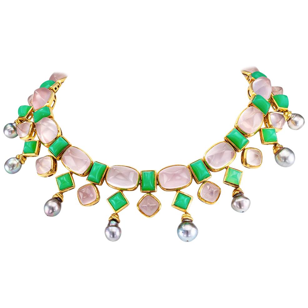 Tony Duquette Chrysoprase Rose Quartz Tahitian Pearl Gold Necklace For Sale