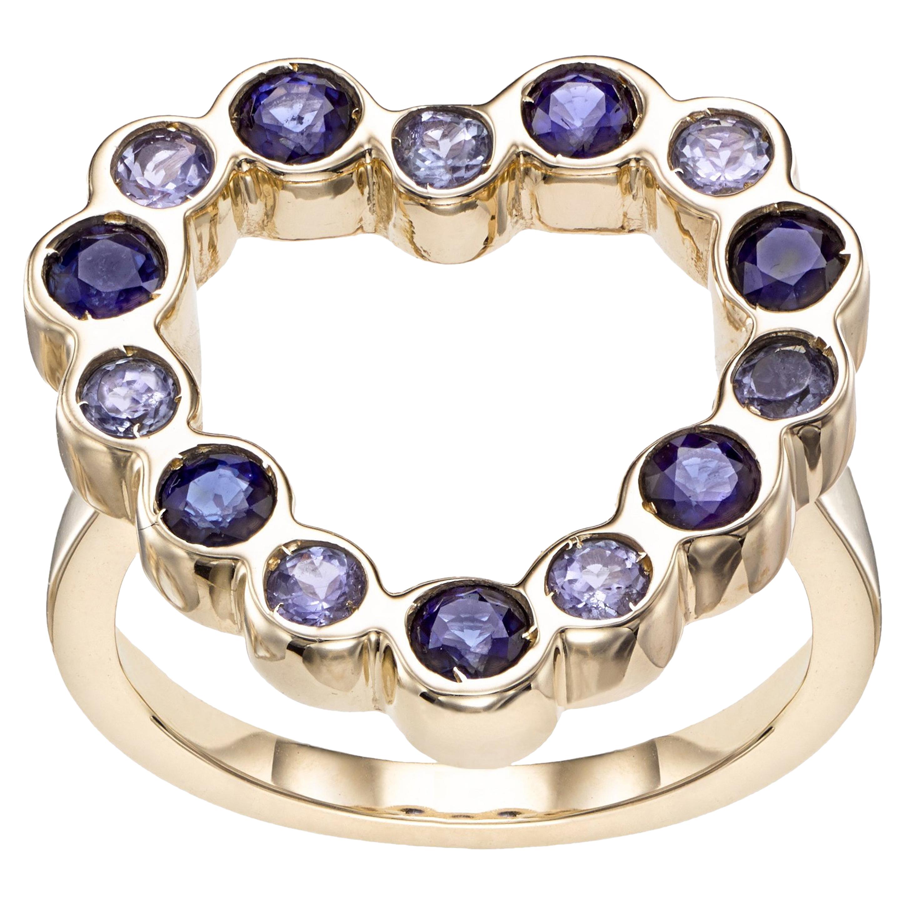 14 Karat Yellow Gold with Tanzanite and Blue Sapphire Heart Shape Cocktail Ring