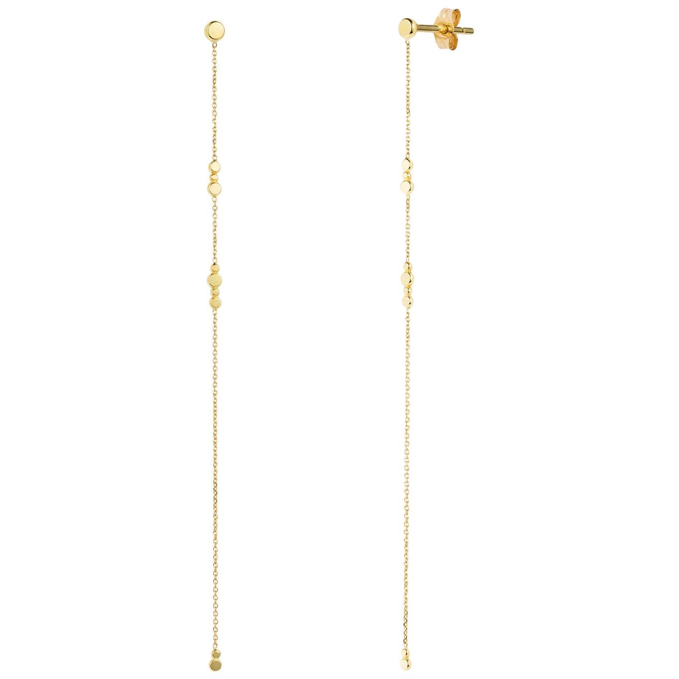 Sweet Pea Bits and Bobs 18k Yellow Gold Disc Stud Earrings With Long Chains For Sale