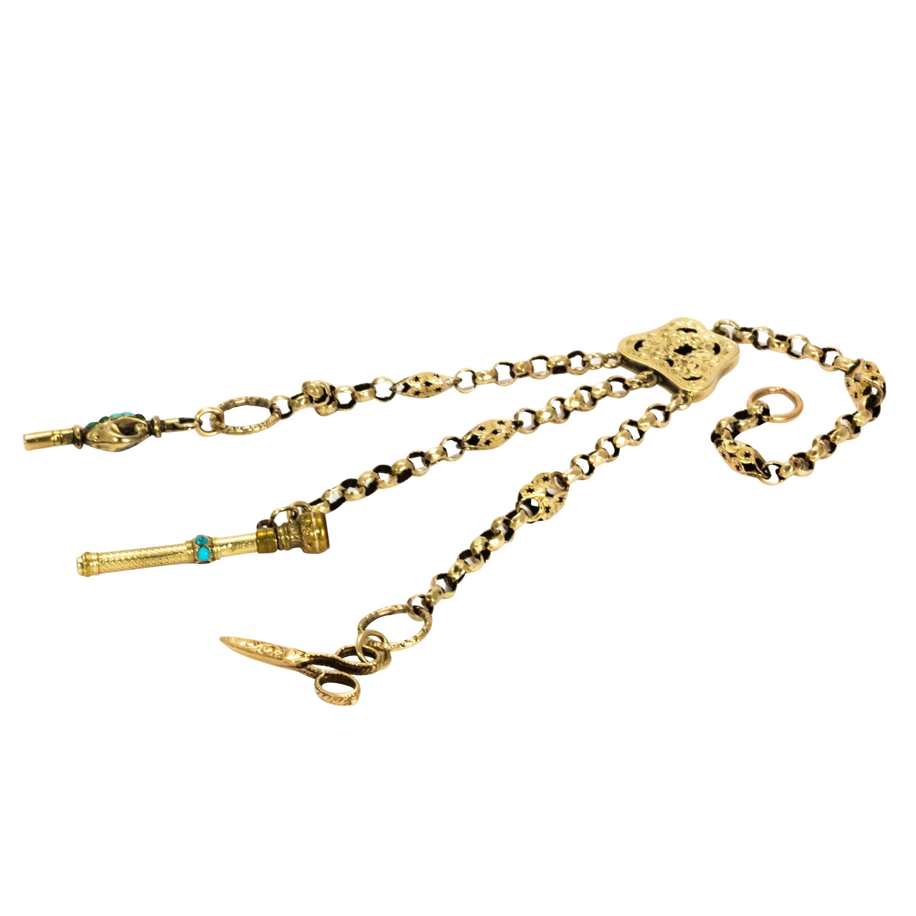 Victorian Chatelaine Chain with Turquoise and 9 Carat Gold