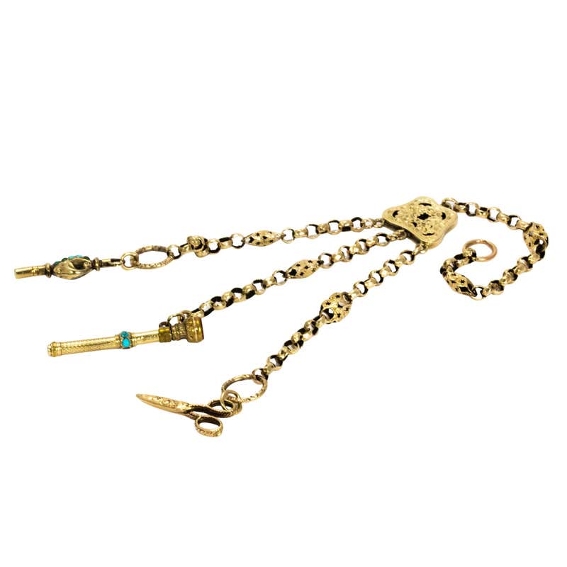 Victorian Chatelaine Chain with Turquoise and 9 Carat Gold at 1stDibs