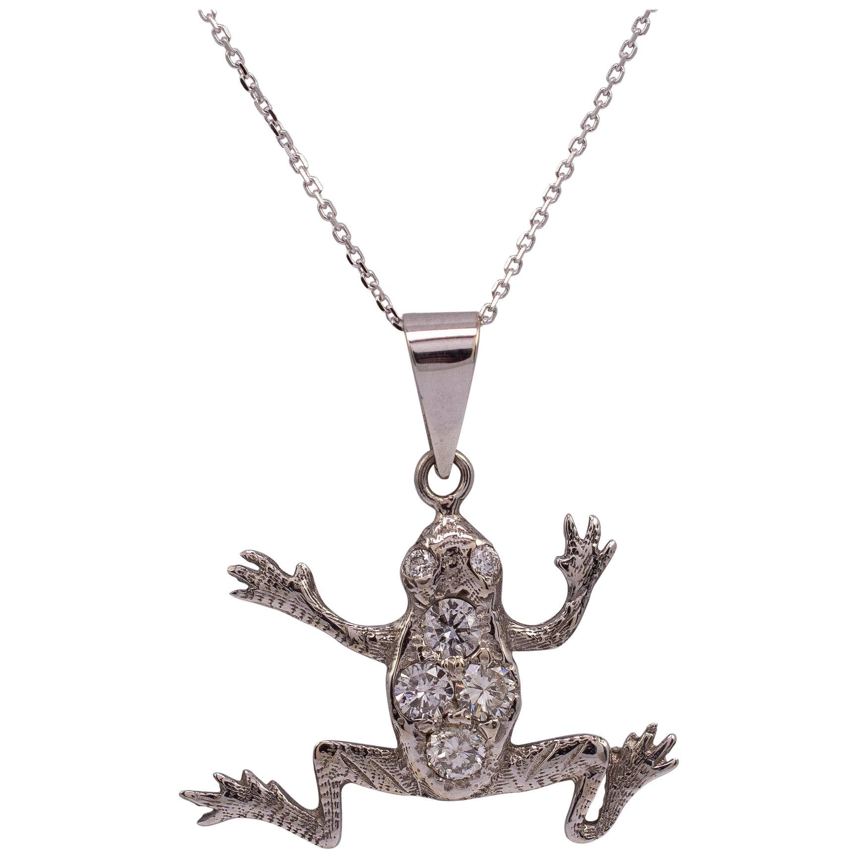 Unique Diamond Frog Pendant 15 Karat White Gold