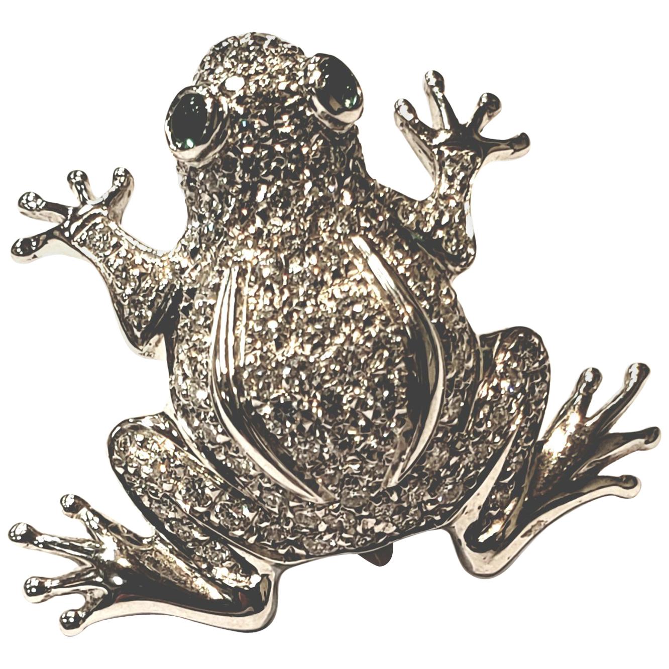 18 Karat White Gold and Diamond Frog Pin with Emerald Eyes by Aldo Garavelli For Sale