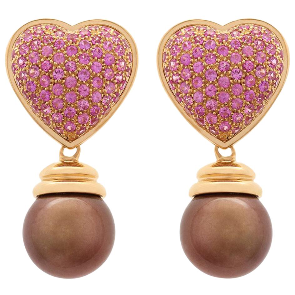 Pink Sapphire Chocolate Tahitian Pearl Yellow Gold Drop Earrings