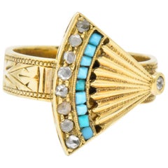 Antique Victorian Diamond Turquoise 14 Karat Gold Fan Band Ring