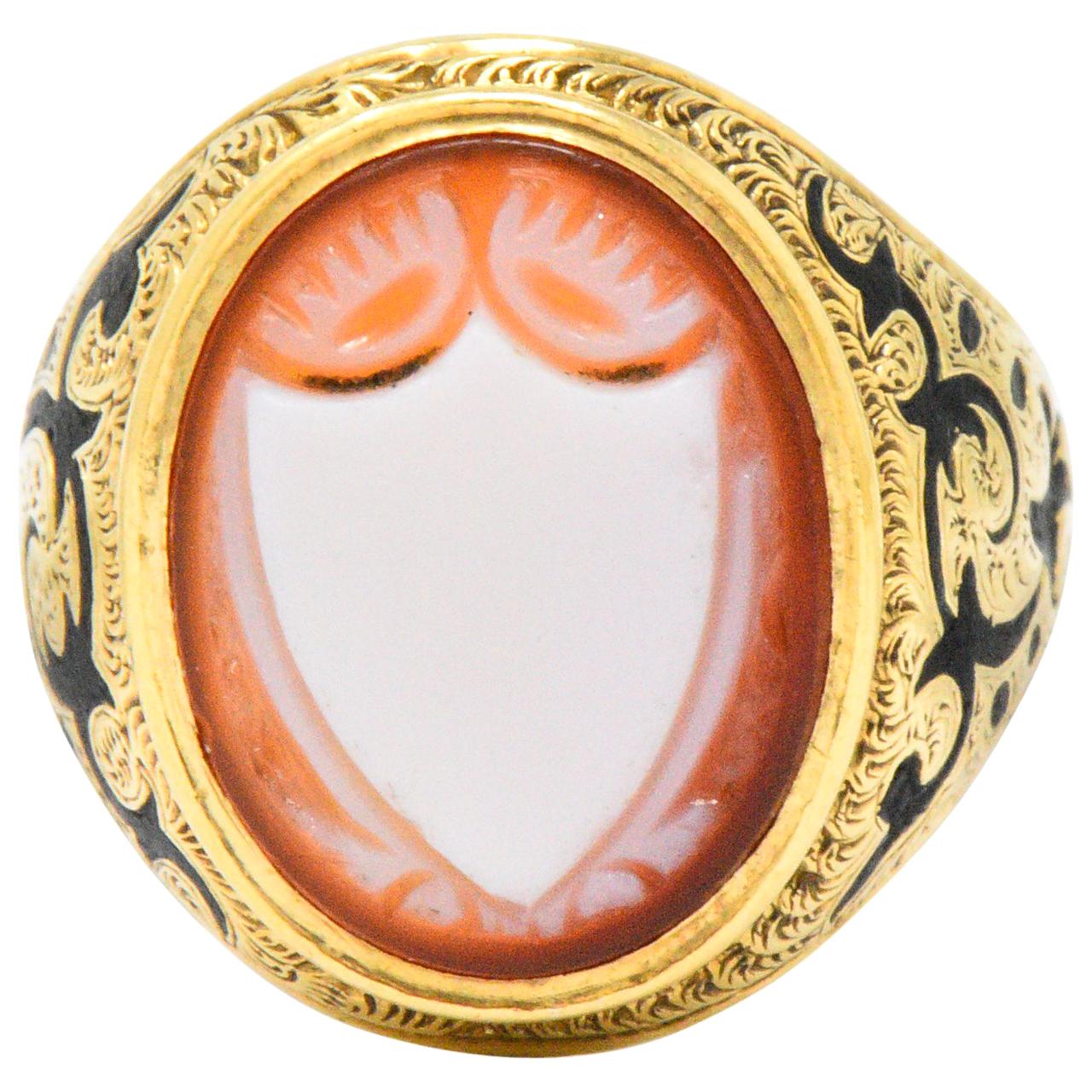 Victorian Carved Hardstone Enamel 14 Karat Gold Shield Unisex Signet Ring
