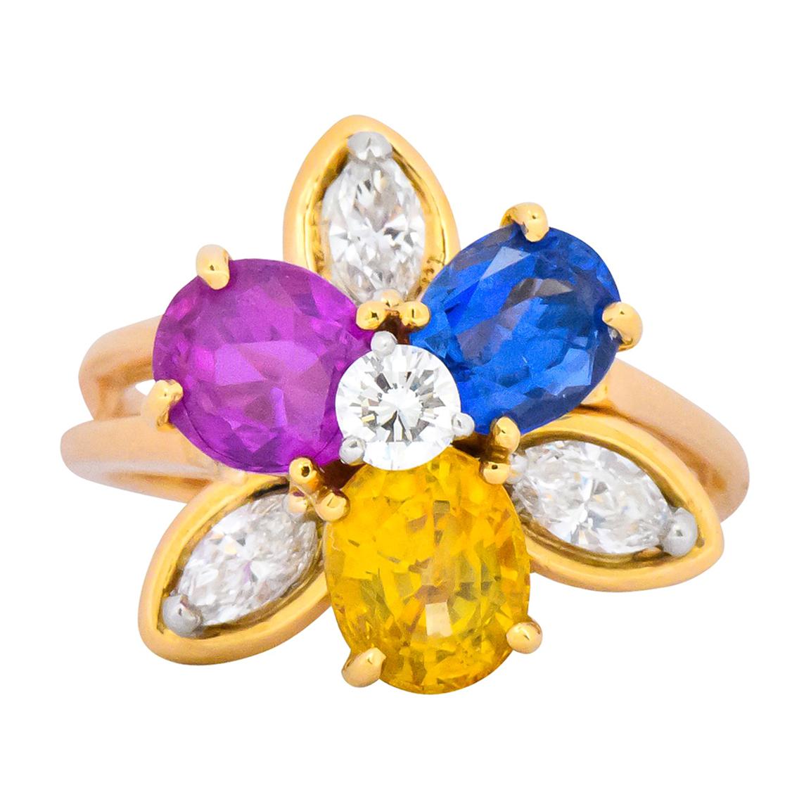 Oscar Heyman Bros. 4.05 Carats Sapphire Diamond 18 Karat Gold Floral Ring